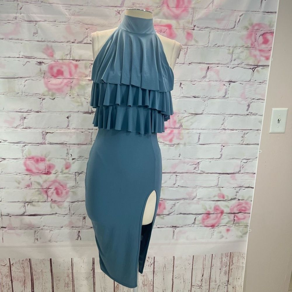 Missguided Blue Ruffle Halter Midi Dress